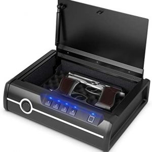 Goplus Gun Safe for 2 Pistols, DOJ Approved Pistol Safe, Biometric Fingerprint Lock & Password & Backup Keys for Quick Access, Auto Open Lid Handgun Safe for Home & Personal