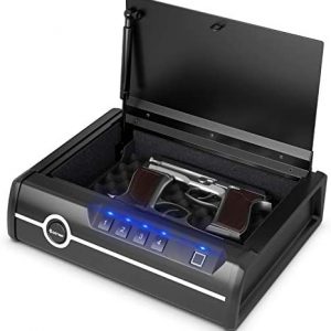 COSTWAY Gun Safe, Handgun Safe Quick Access with Biometric Fingerprint Identification & Password & Backup Keys, Heavy-Duty Steel, Pick-Proof Gun safe for 2 Pistols for Home, Auto Open Lid, DOJ Approved