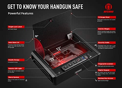 AIFEIBAO Gun Safe Deluxe Small Pistol Safe for Handgun,Quick Access Safety Device with Biometric Fingerprint Lock,Safe Cable and Mute Mode for Household,Office,Hotel,Bank - Image 3