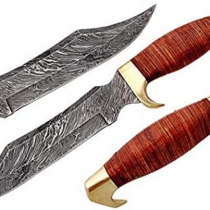 HANDSMITH 13" Damascus Steel Hunting Knife - Fixed Blade Knives with Sheath - Premium Quality Firm Grip Handle Made of Leather with Brass Spacer