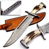 BK-222 Handmade Damascus Steel Hunting Bowie Knife Stag Horn Handle Damascus Guard With Leather Sheath, 15 inches UPGRADED VERSION