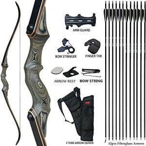 D&Q 60'' Archery Recurve Bow and Arrow Takedown Bow Set for Adults Right Hand Wooden Hunting Longbow 30 40 50 60lbs Archery Set with 12pcs Fiberglass Arrows