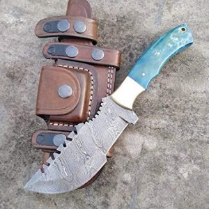 Ottoza Handmade Damascus Tracker Knife with Blue Bone Handle - Survival Knife - Camping Knife - Damascus Steel Knife - Damascus Hunting Knife with Sheath Horizontal Carry Fixed Blade Knife No:251