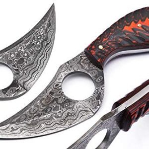 03 Bandle Custom Handmade Hunting Knife Camp Knife Damascus Steel Skinning Knife EDC 7.3" Overall Red Black Exotic Wood with Custom Sheathe 03