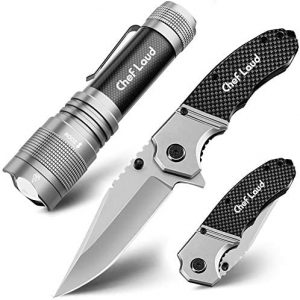 Handheld Flashlight Pocket Knife Set, Cheflaud LED Flashlight with 5 Modes Zoomable Water Resistant and Hunting Knife Combo for Outdoor Camping Hiking Fishing Traveling Men's Gift